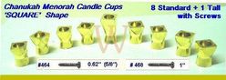 MENORAH CANDLE CUPS, Square Shape {8 Standard + 1 Tall} Brass, with Screws