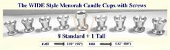 MENORAH CANDLE CUPS, Wide Style {8 Standard + 1 Tall} Nickel, with Screws